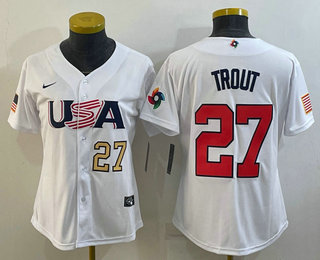 Women%27s USA Baseball #27 Mike Trout Number 2023 White World Classic Replica Stitched Jerseys